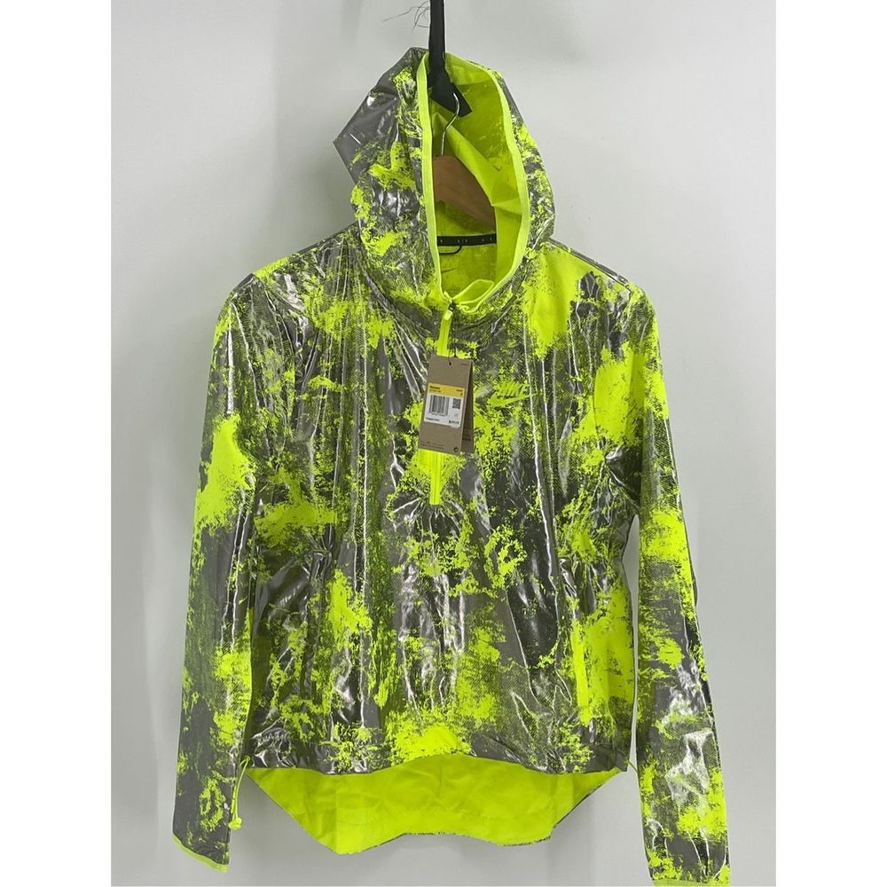 Nike Running Jacket‎ Women Small Neon Reflective Hooded Water Resistant Pullover